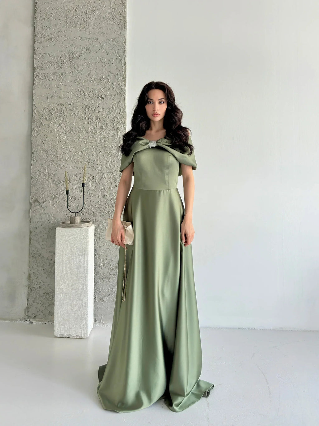 Off-Shoulder Bow Structured Satin Maxi Dress - Olive Green - Mirelline Store
