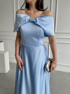 Off-Shoulder Bow Structured Satin Maxi Dress - Baby Blue - Mirelline Store