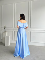 Off-Shoulder Bow Structured Satin Maxi Dress - Baby Blue - Mirelline Store