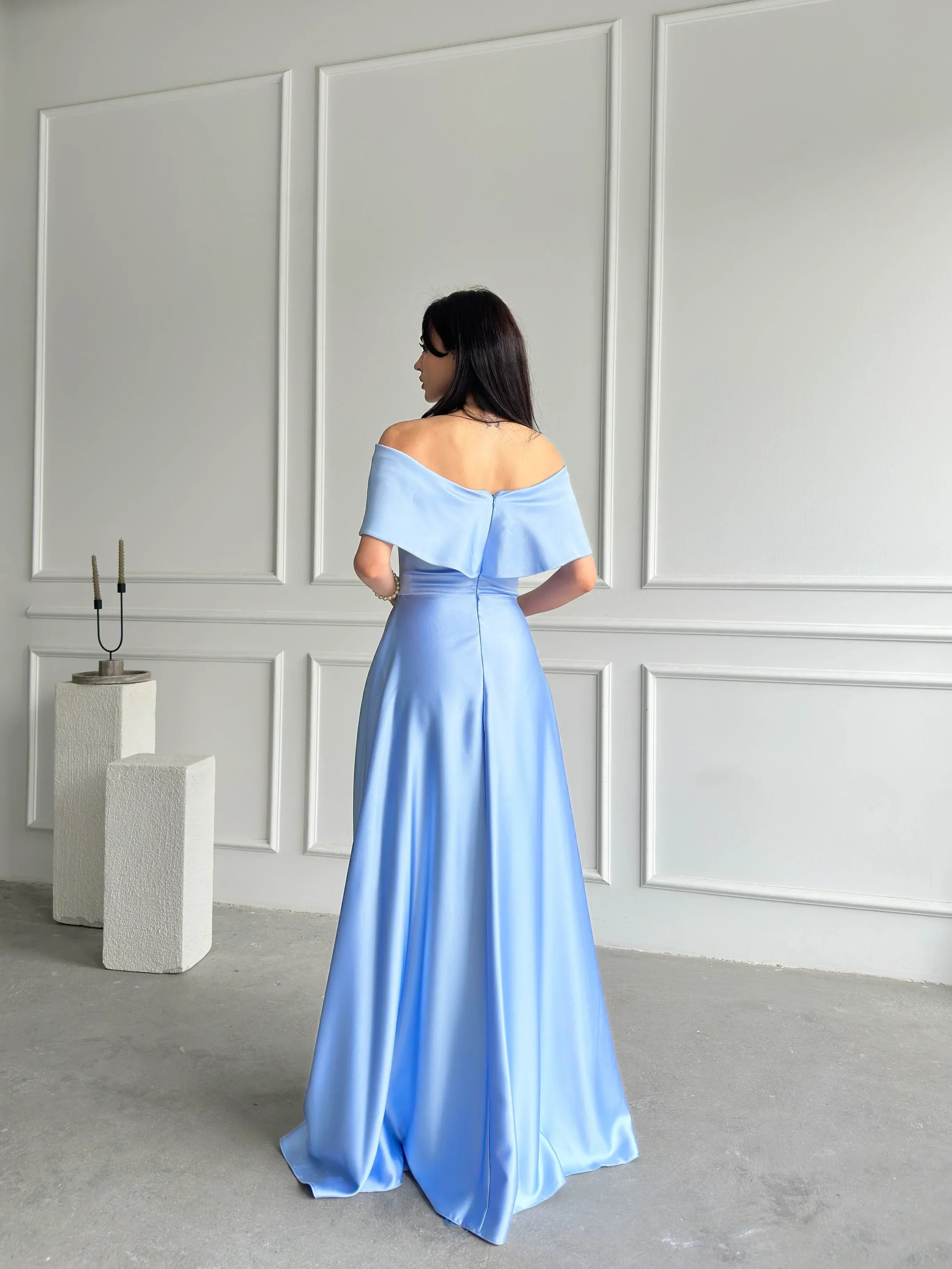 Off-Shoulder Bow Structured Satin Maxi Dress - Baby Blue - Mirelline Store