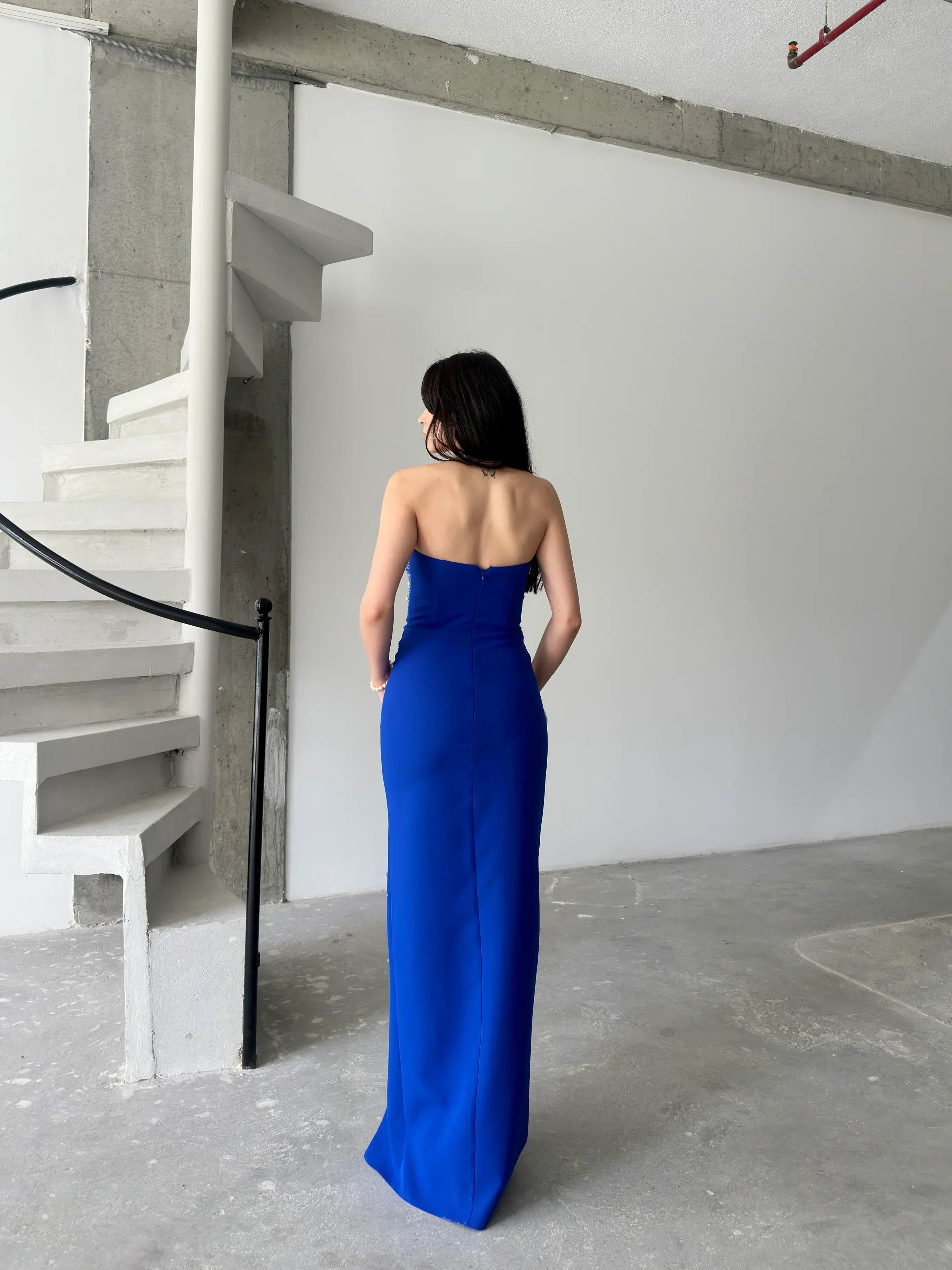 Embroidered Strapless Slit Maxi Dress - Royal Blue - Mirelline Store