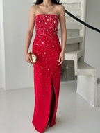 Embroidered Strapless Slit Maxi Dress - Red - Mirelline Store
