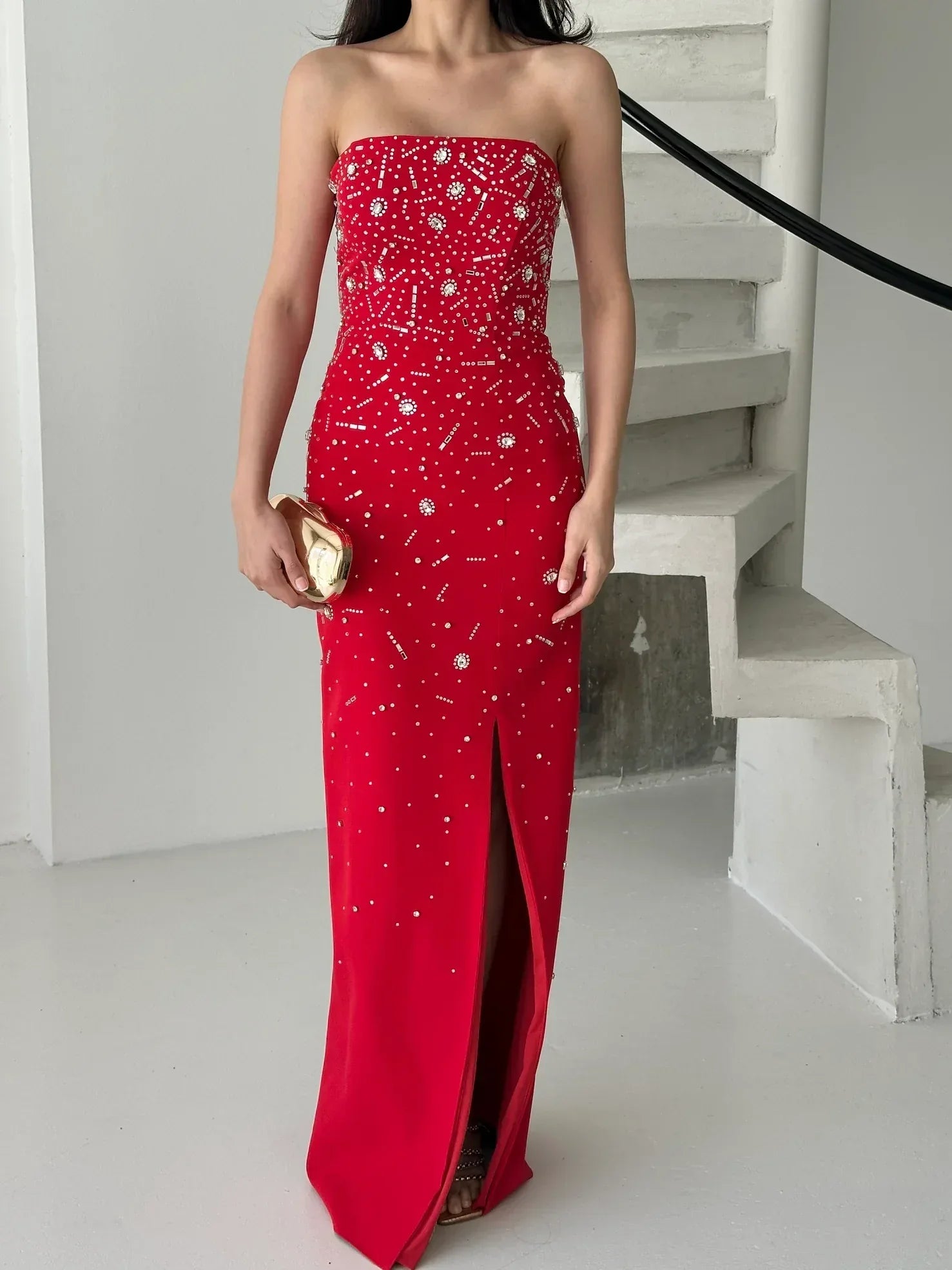 Embroidered Strapless Slit Maxi Dress - Red - Mirelline Store