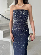 Embroidered Strapless Slit Maxi Dress - Navy - Mirelline Store