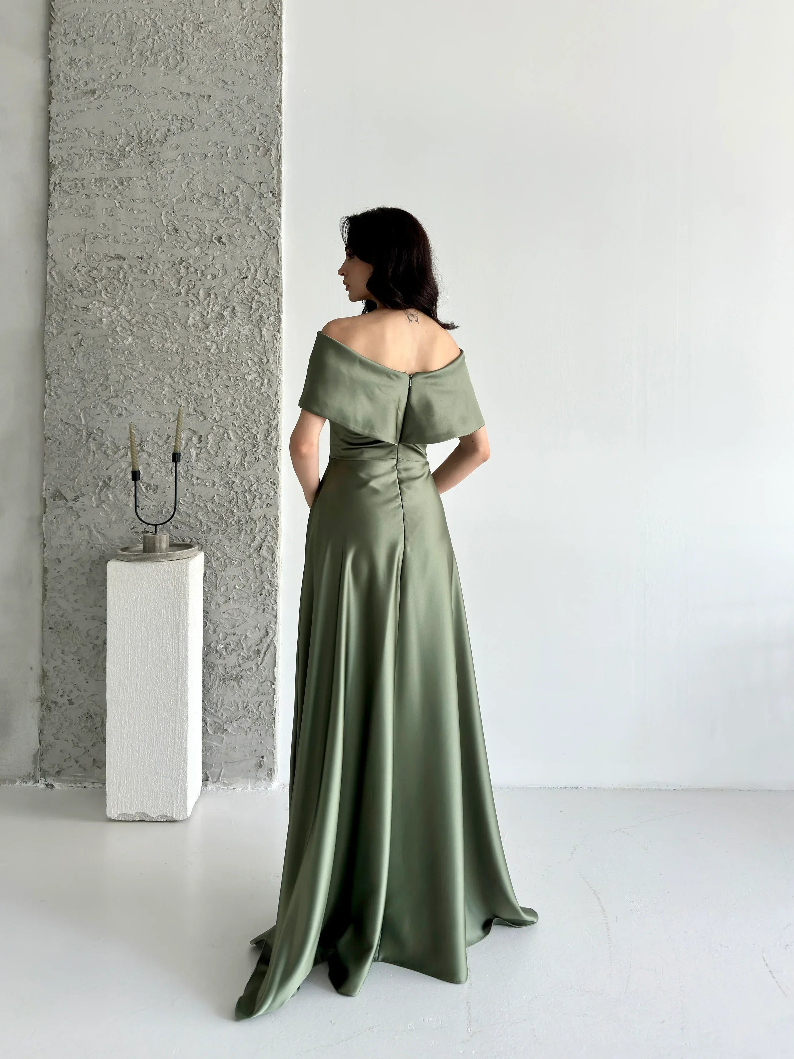 Off-Shoulder Bow Structured Satin Maxi Dress - Olive Green - Mirelline Store