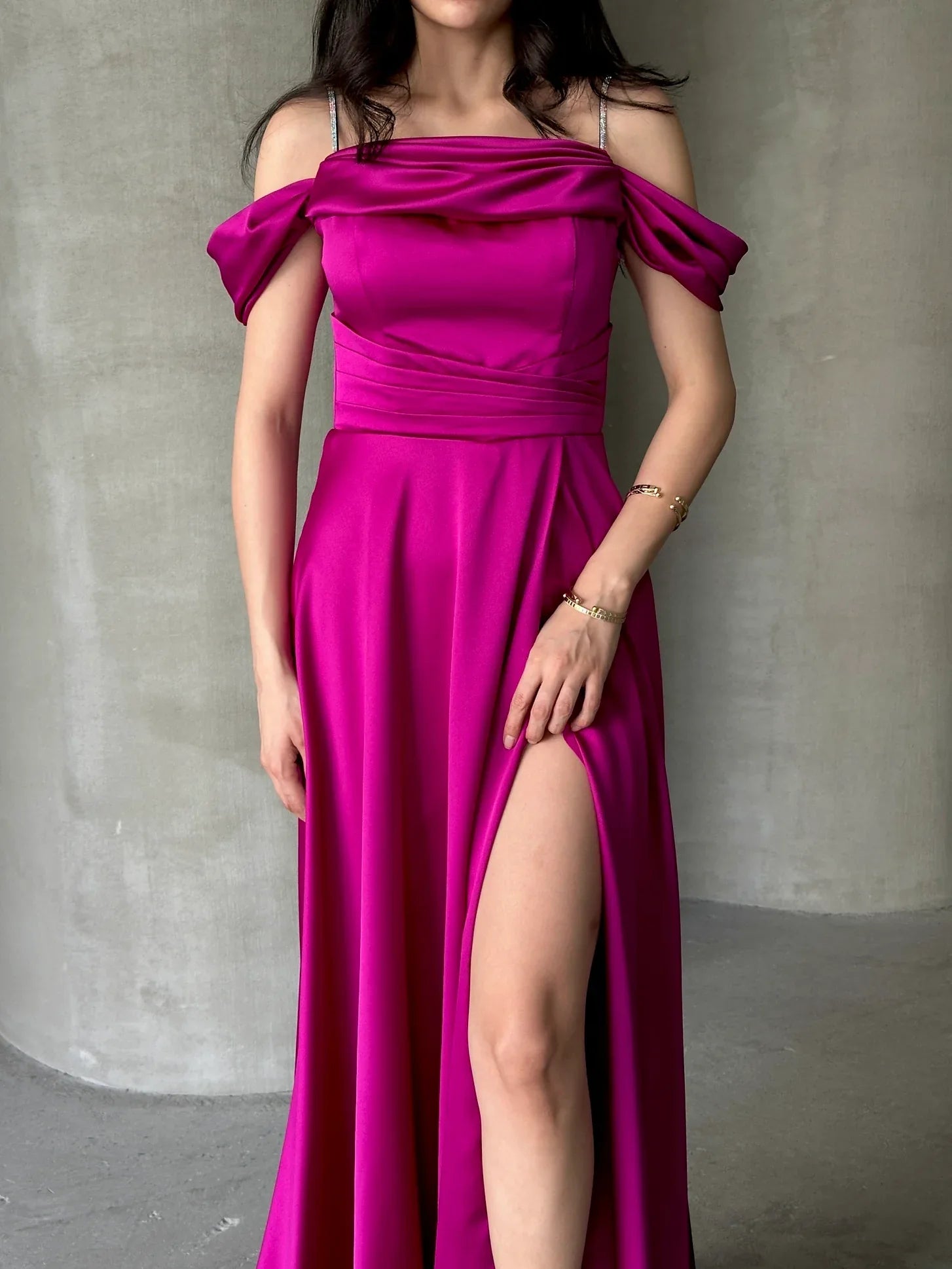 Rhinestone Strap Off-Shoulder Satin Maxi Dress - Fuchsia - Mirelline Store