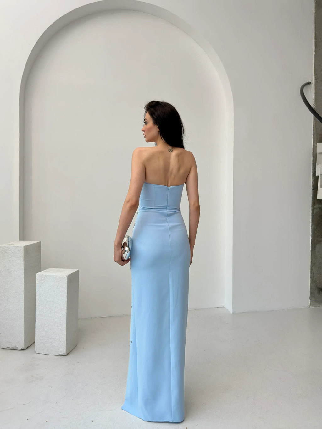Embroidered Strapless Slit Maxi Dress - Baby Blue - Mirelline Store