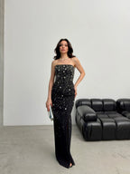 Embroidered Strapless Slit Maxi Dress - Black - Mirelline Store