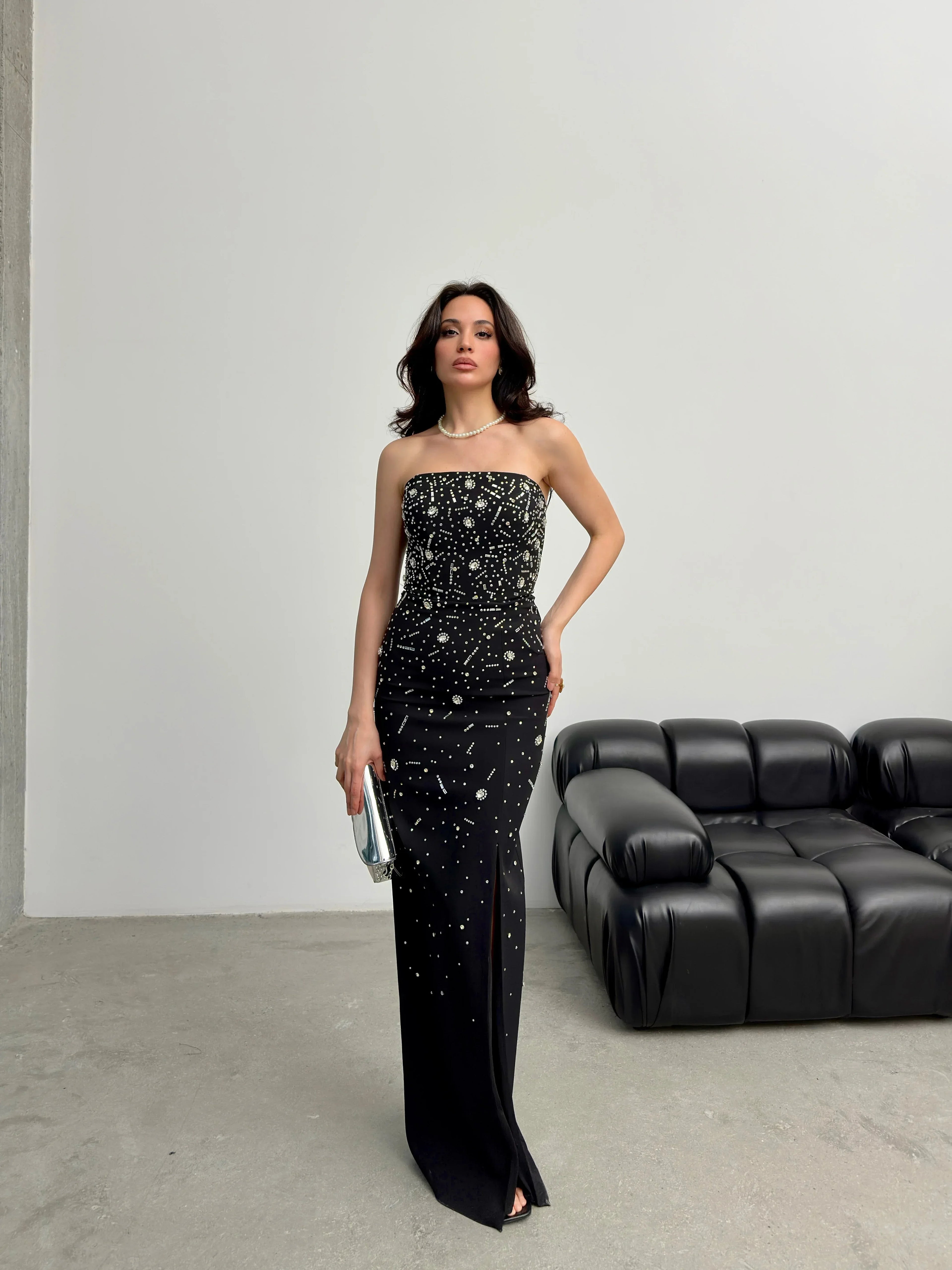 Embroidered Strapless Slit Maxi Dress - Black - Mirelline Store