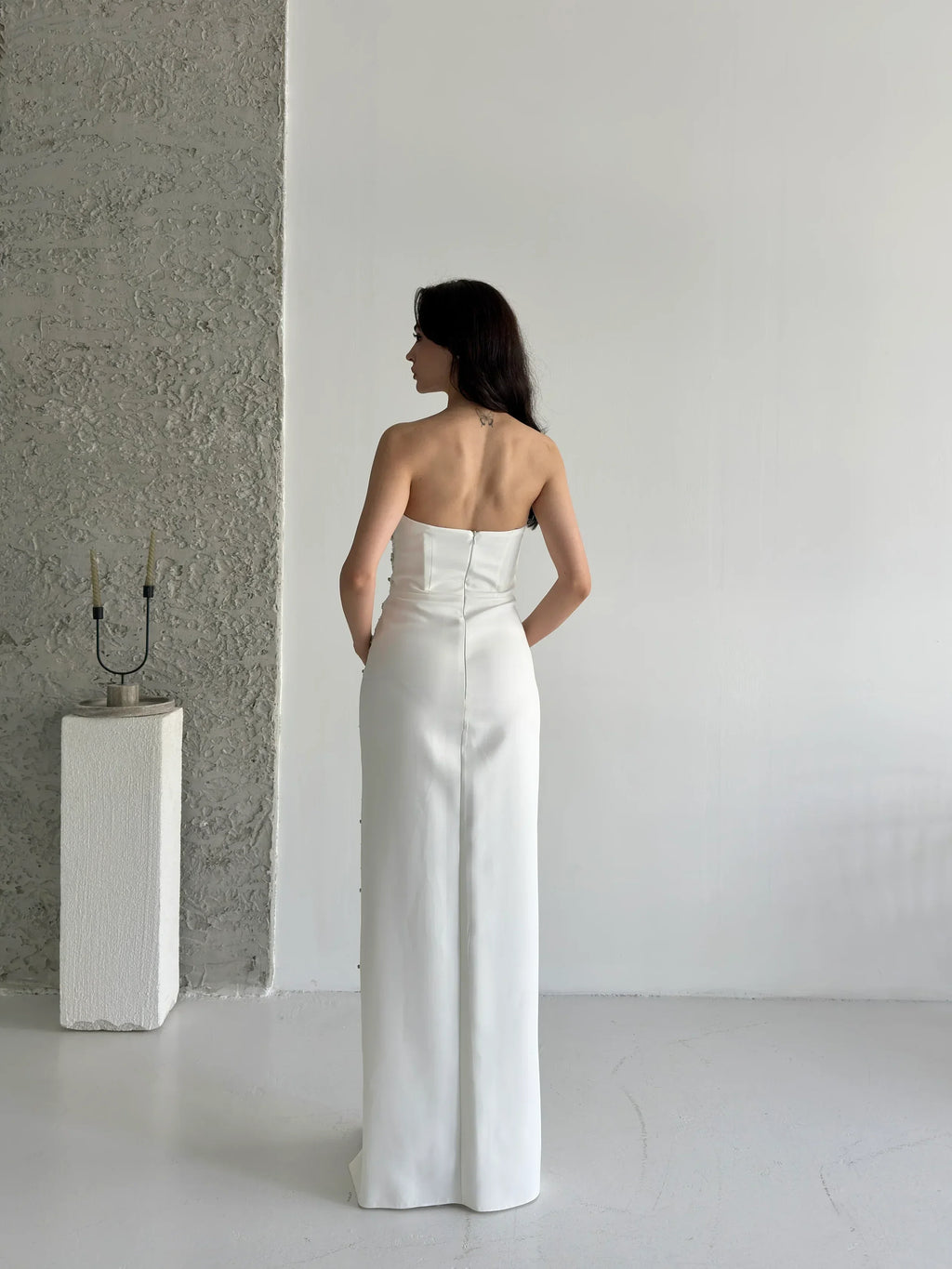 Embroidered Strapless Slit Maxi Dress - White - Mirelline Store