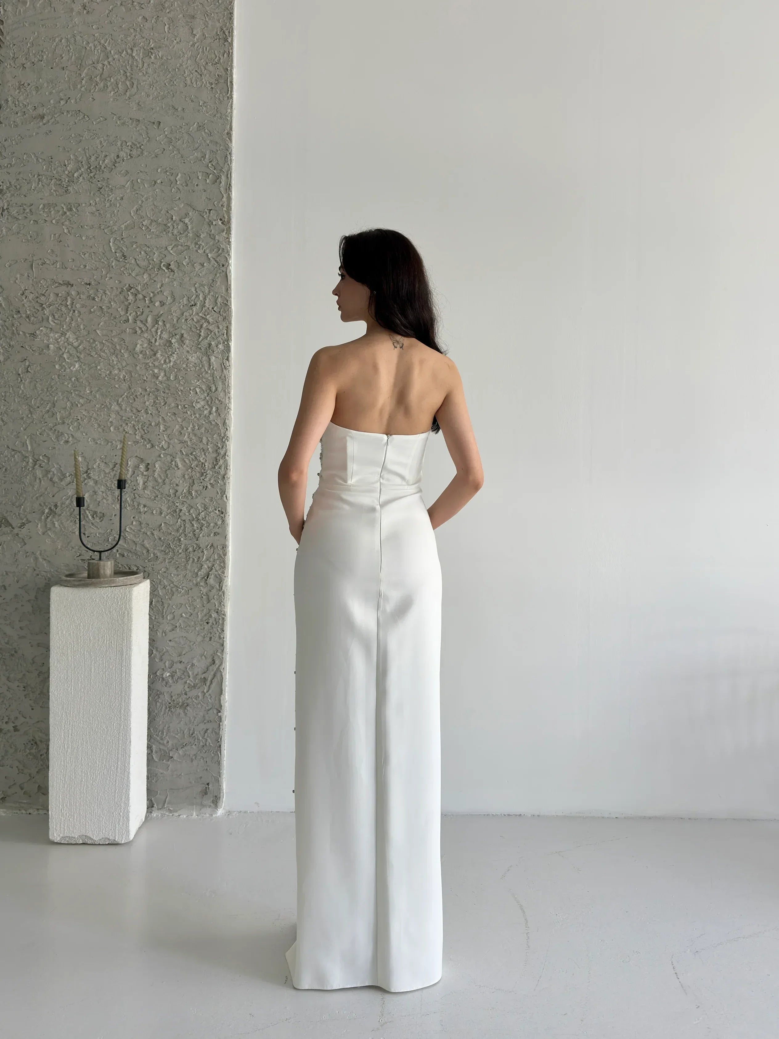 Embroidered Strapless Slit Maxi Dress - White - Mirelline Store