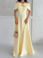 Off-Shoulder Bow Structured Satin Maxi Dress - Pale Yellow - Mirelline Store
