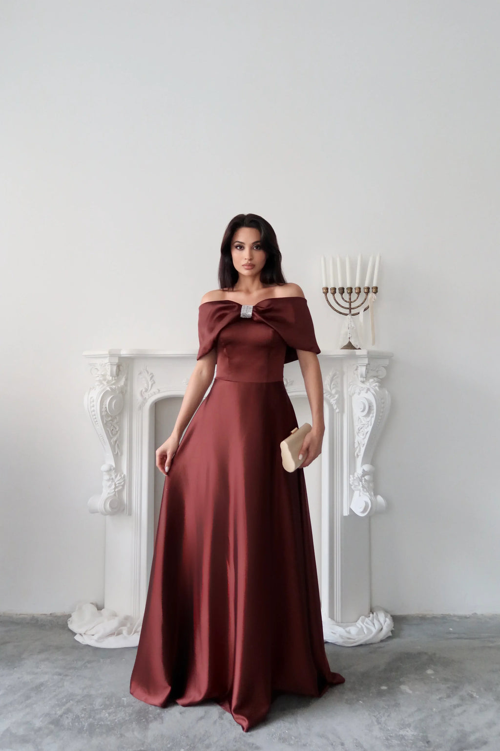 Off-Shoulder Bow Structured Satin Maxi Dress - Deep Brown - Mirelline Store