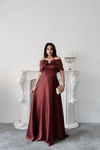 Off-Shoulder Bow Structured Satin Maxi Dress - Deep Brown - Mirelline Store