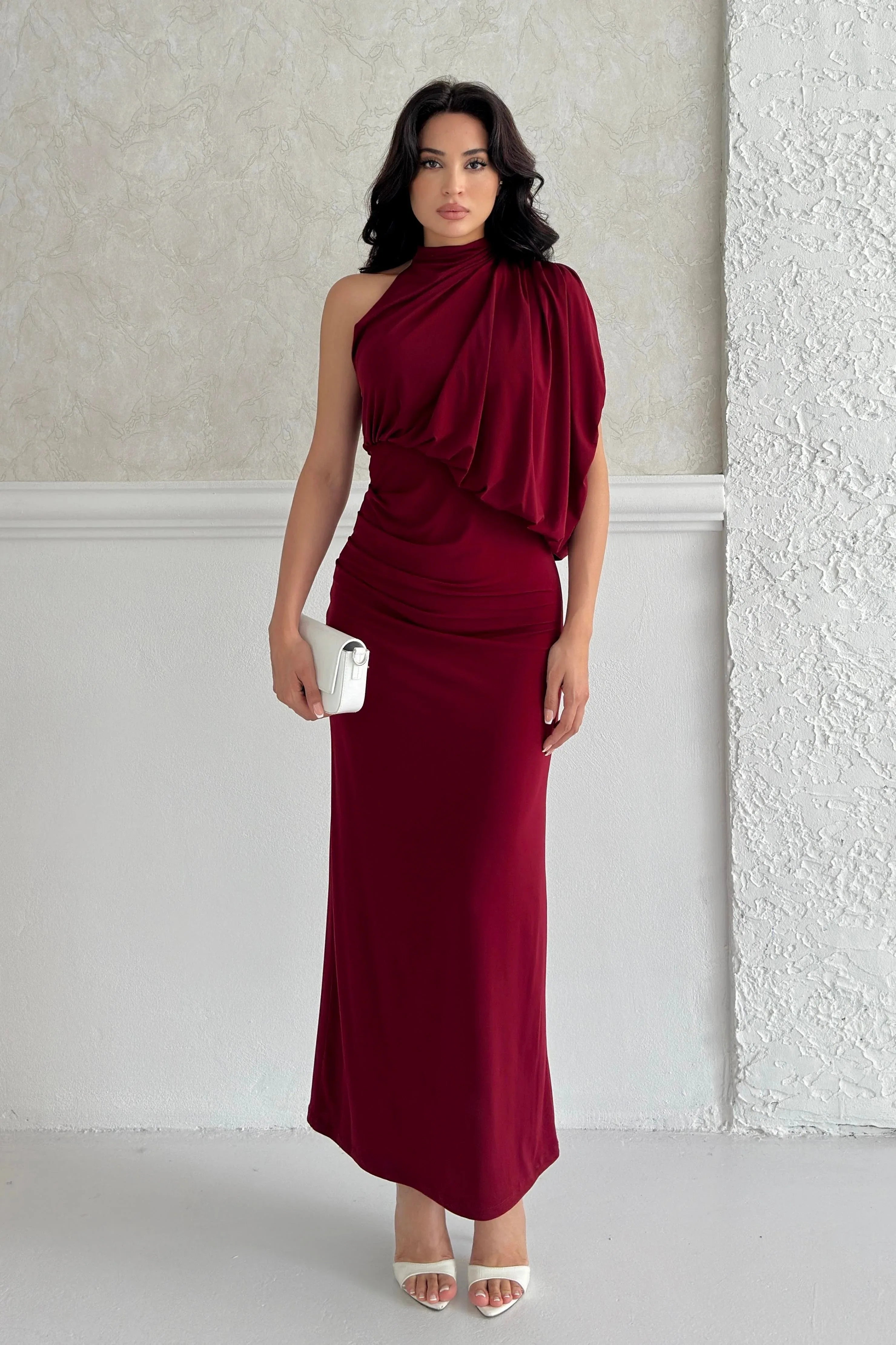 One-Shoulder Mock Neck Draped Maxi Dress - Burgundy - Mirelline Store