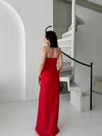 Embroidered Strapless Slit Maxi Dress - Red - Mirelline Store