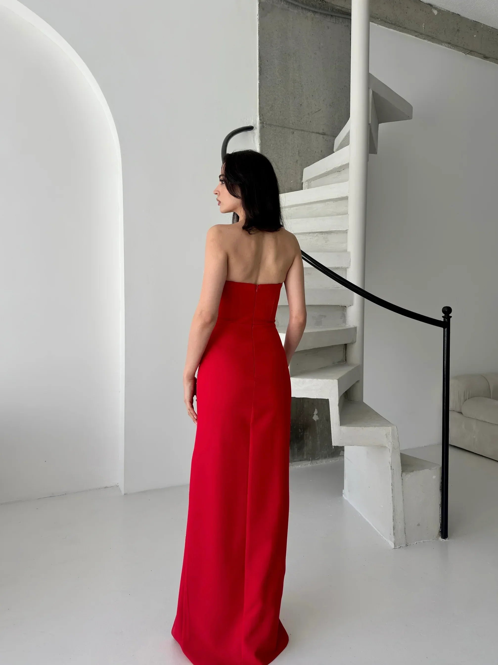 Embroidered Strapless Slit Maxi Dress - Red - Mirelline Store