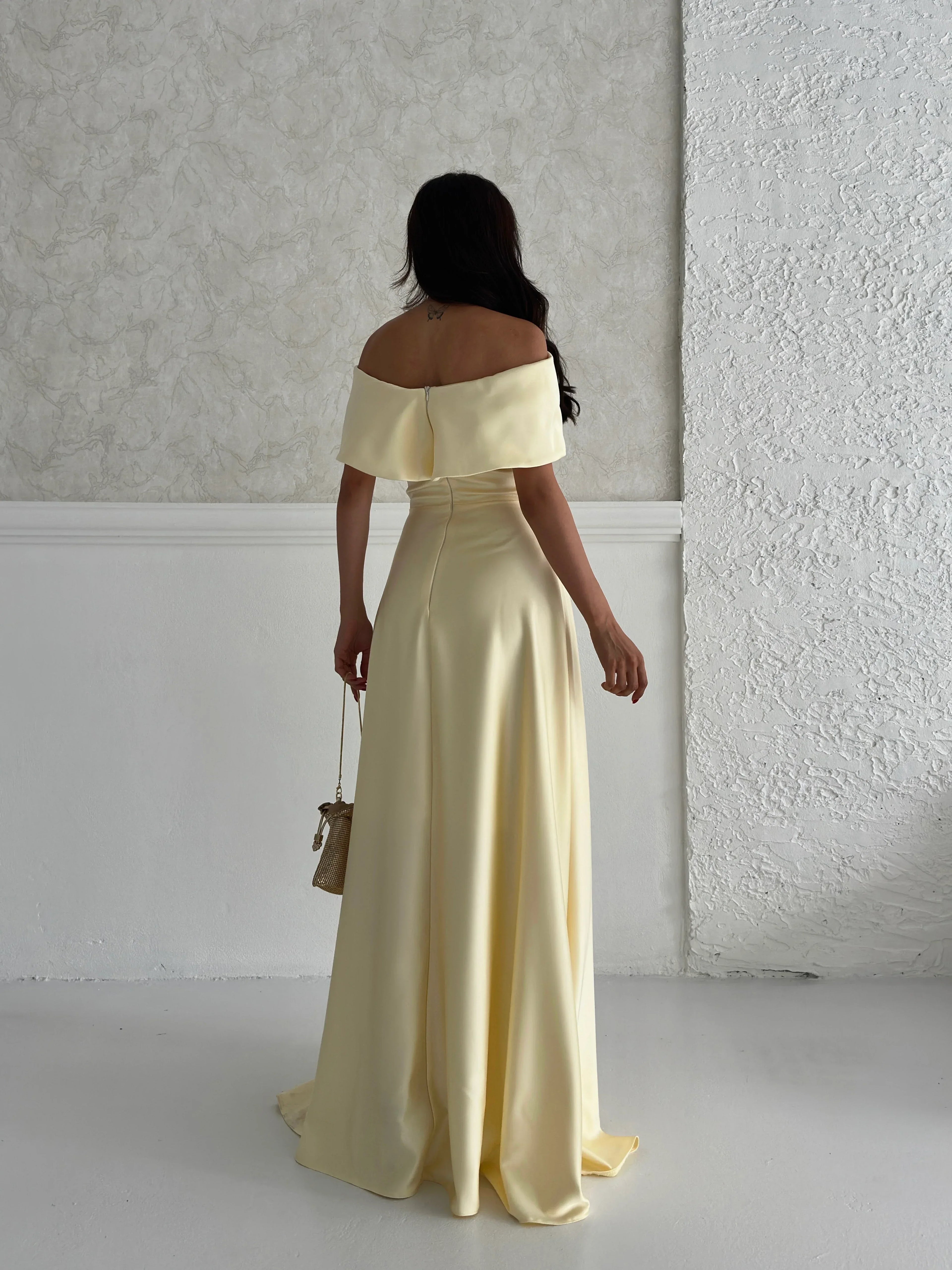 Off-Shoulder Bow Structured Satin Maxi Dress - Pale Yellow - Mirelline Store