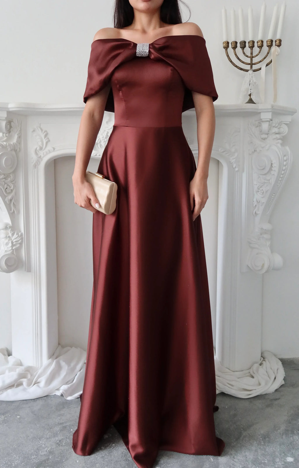 Off-Shoulder Bow Structured Satin Maxi Dress - Deep Brown - Mirelline Store