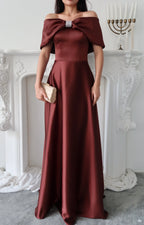 Off-Shoulder Bow Structured Satin Maxi Dress - Deep Brown - Mirelline Store