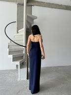 Embroidered Strapless Slit Maxi Dress - Navy - Mirelline Store