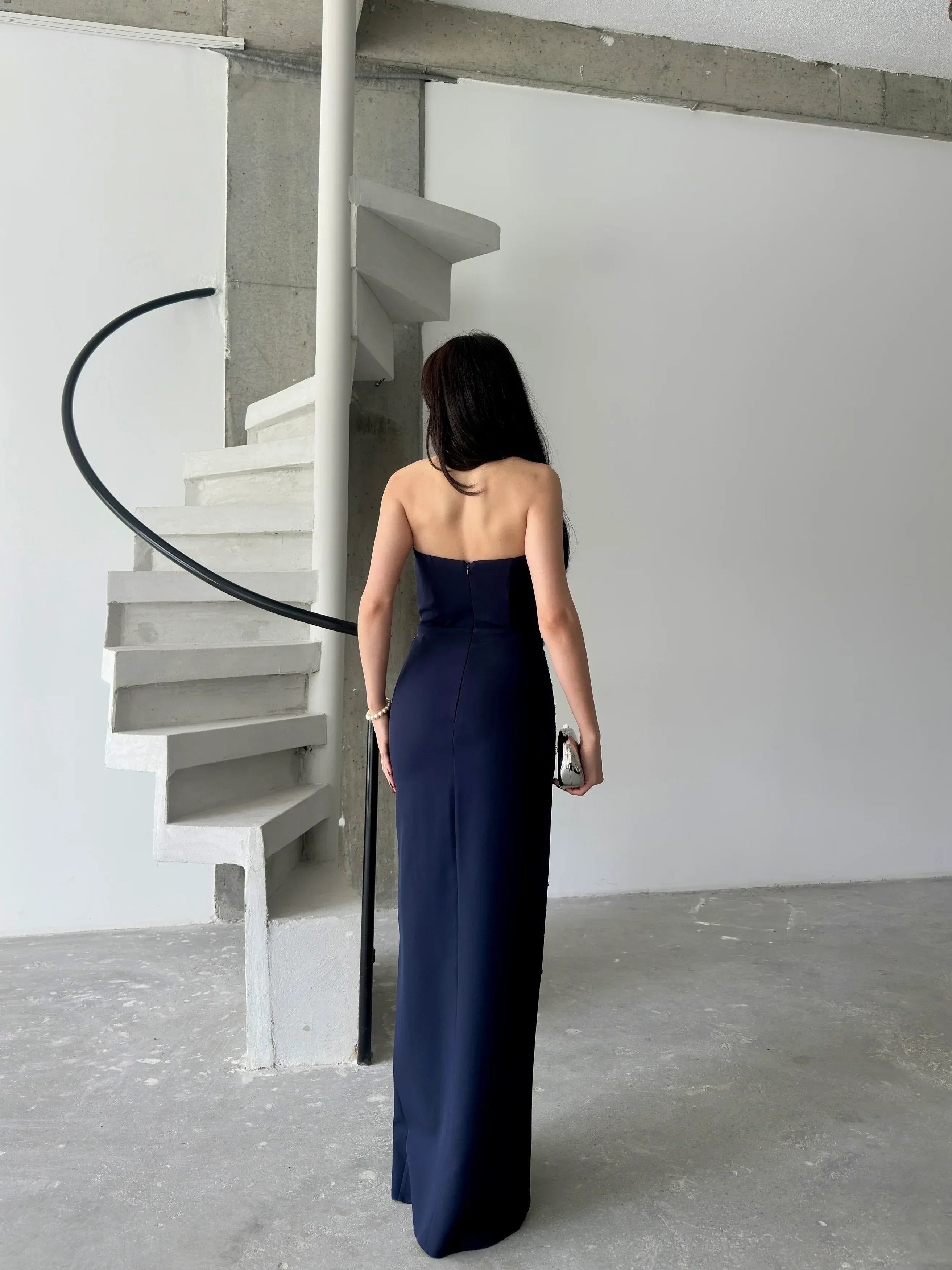 Embroidered Strapless Slit Maxi Dress - Navy - Mirelline Store