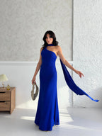 Scarf Detail One-Shoulder Maxi Dress - Saxe Blue - Mirelline Store