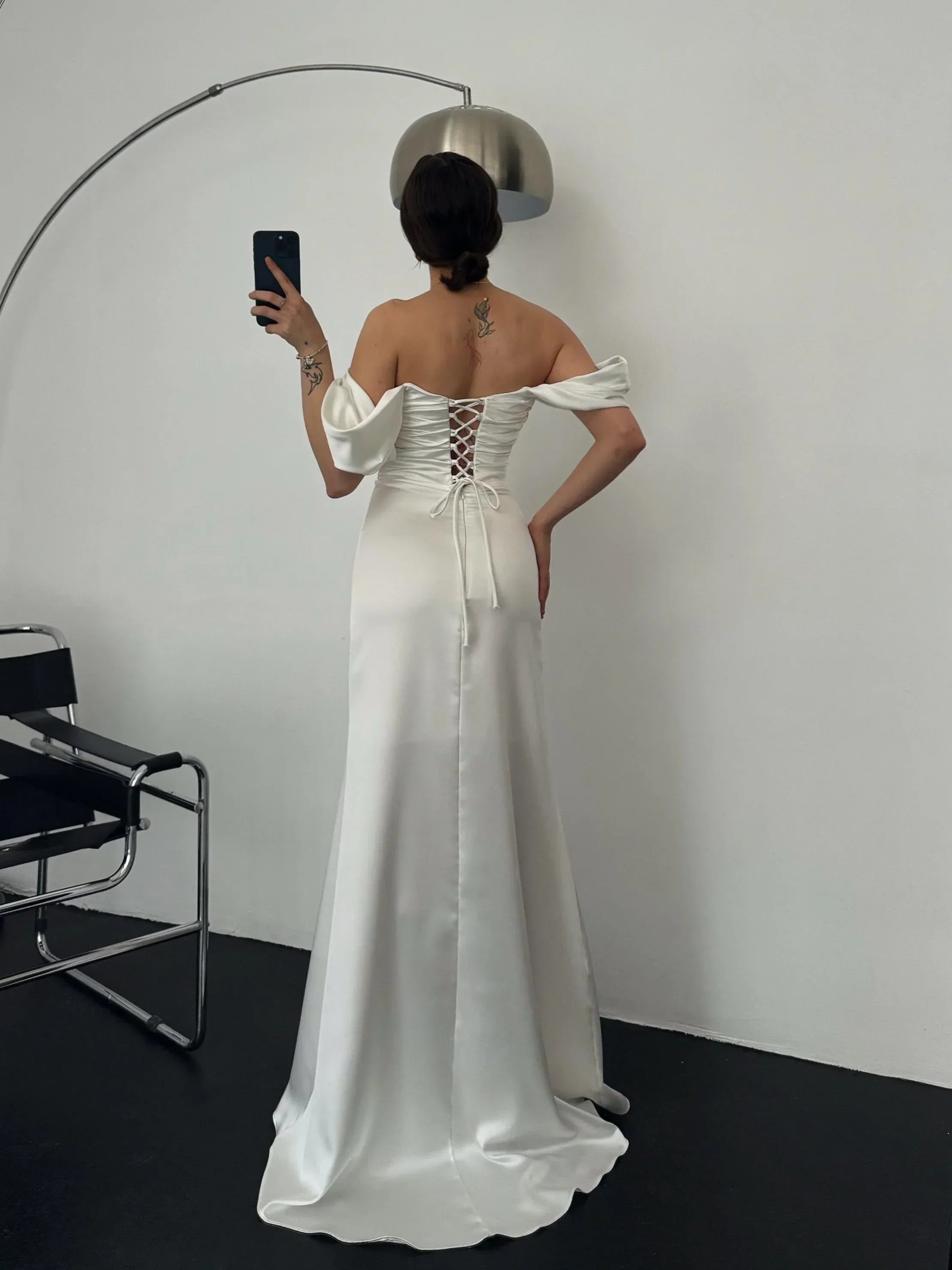 Ruched Off-Shoulder Satin Maxi Dress - White - Mirelline Store