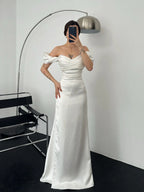 Ruched Off-Shoulder Satin Maxi Dress - White - Mirelline Store