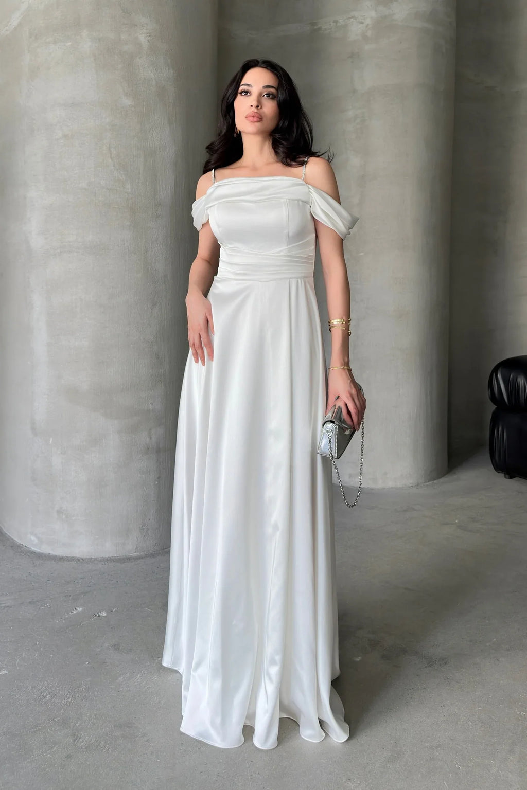 Rhinestone Strap Off-Shoulder Satin Maxi Dress - White - Mirelline Store