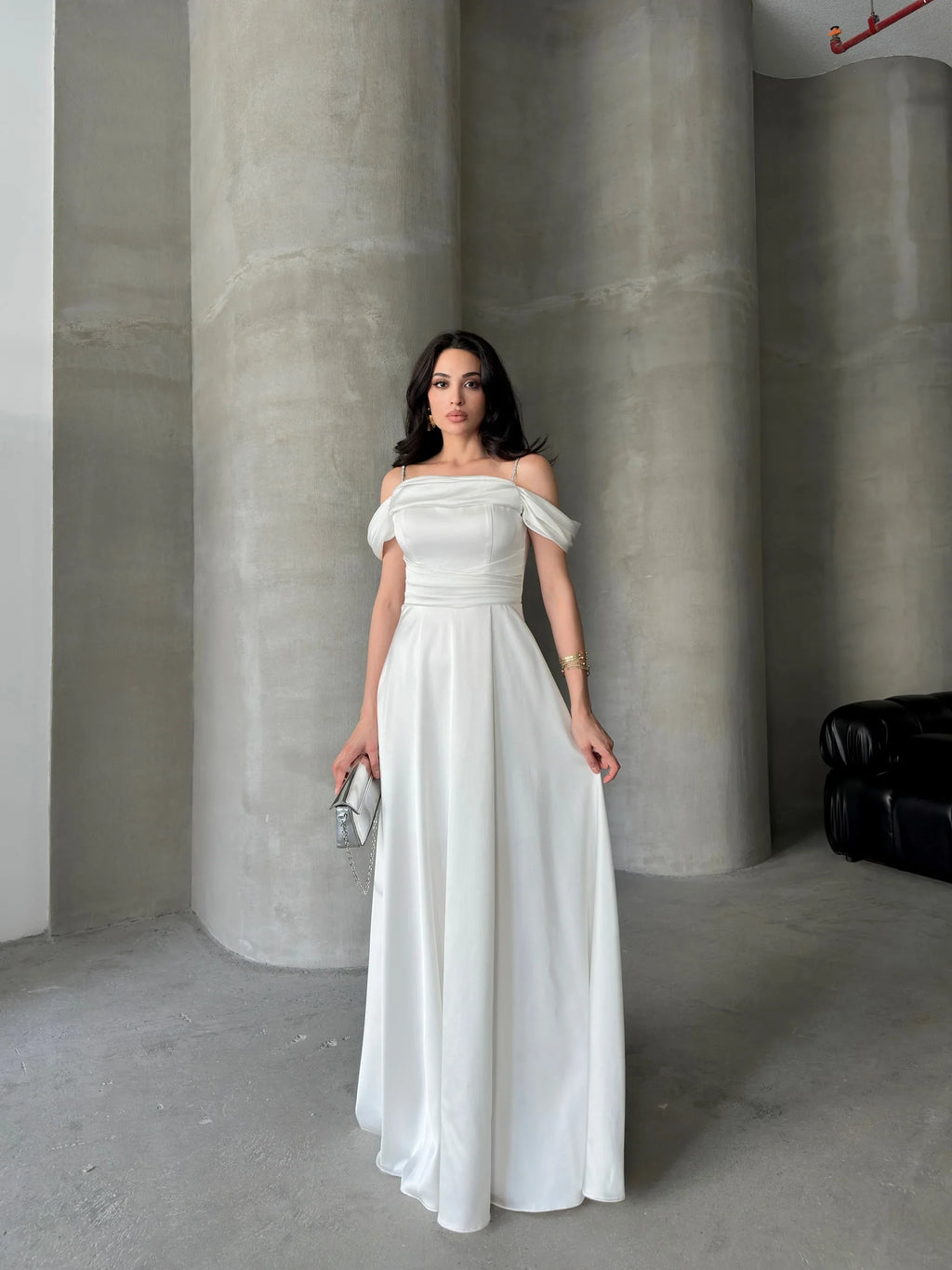 Rhinestone Strap Off-Shoulder Satin Maxi Dress - White - Mirelline Store