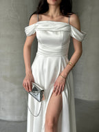 Rhinestone Strap Off-Shoulder Satin Maxi Dress - White - Mirelline Store