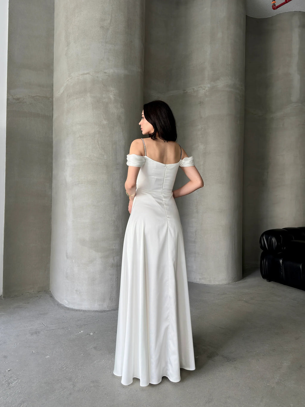 Rhinestone Strap Off-Shoulder Satin Maxi Dress - White - Mirelline Store