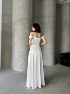 Rhinestone Strap Off-Shoulder Satin Maxi Dress - White - Mirelline Store
