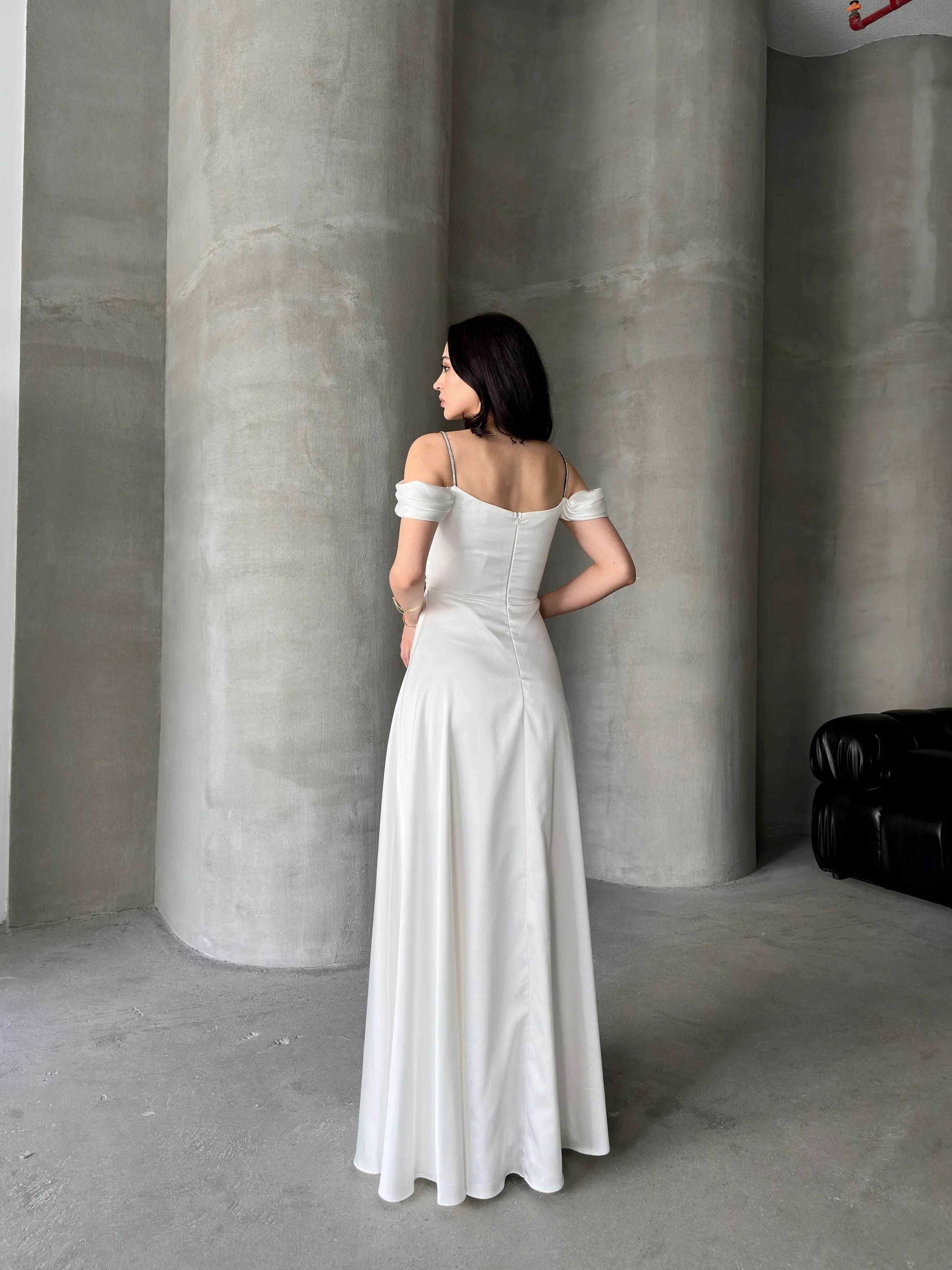 Rhinestone Strap Off-Shoulder Satin Maxi Dress - White - Mirelline Store