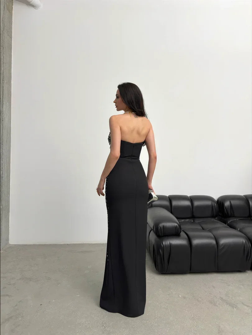 Embroidered Strapless Slit Maxi Dress - Black - Mirelline Store