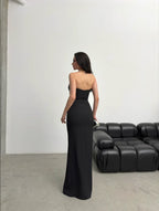 Embroidered Strapless Slit Maxi Dress - Black - Mirelline Store