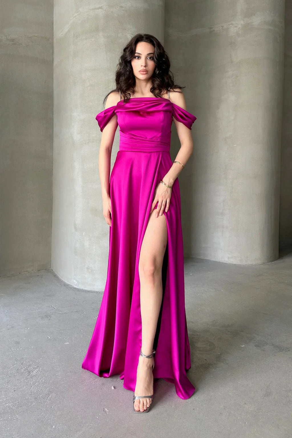 Rhinestone Strap Off-Shoulder Satin Maxi Dress - Fuchsia - Mirelline Store