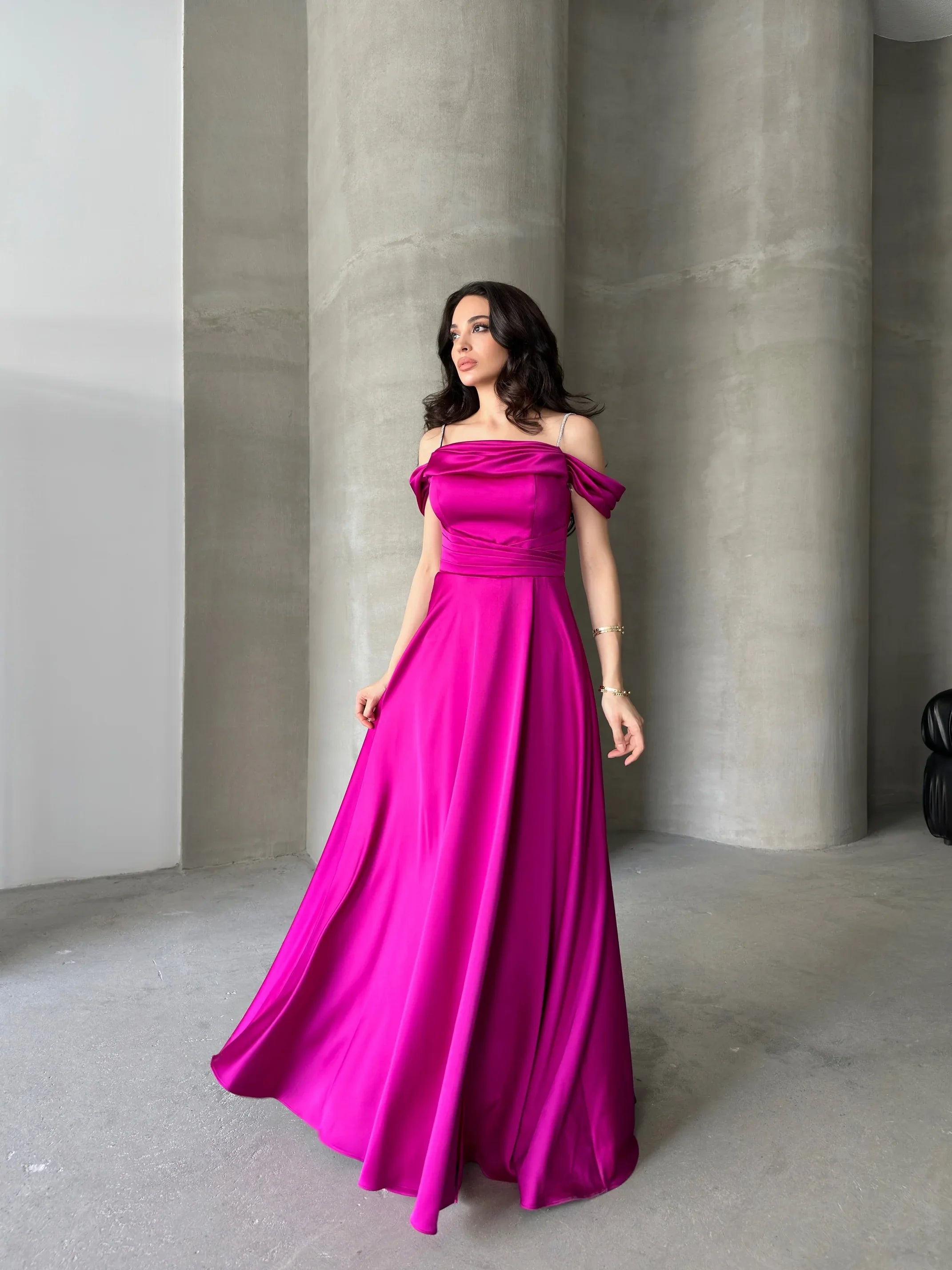 Rhinestone Strap Off-Shoulder Satin Maxi Dress - Fuchsia - Mirelline Store