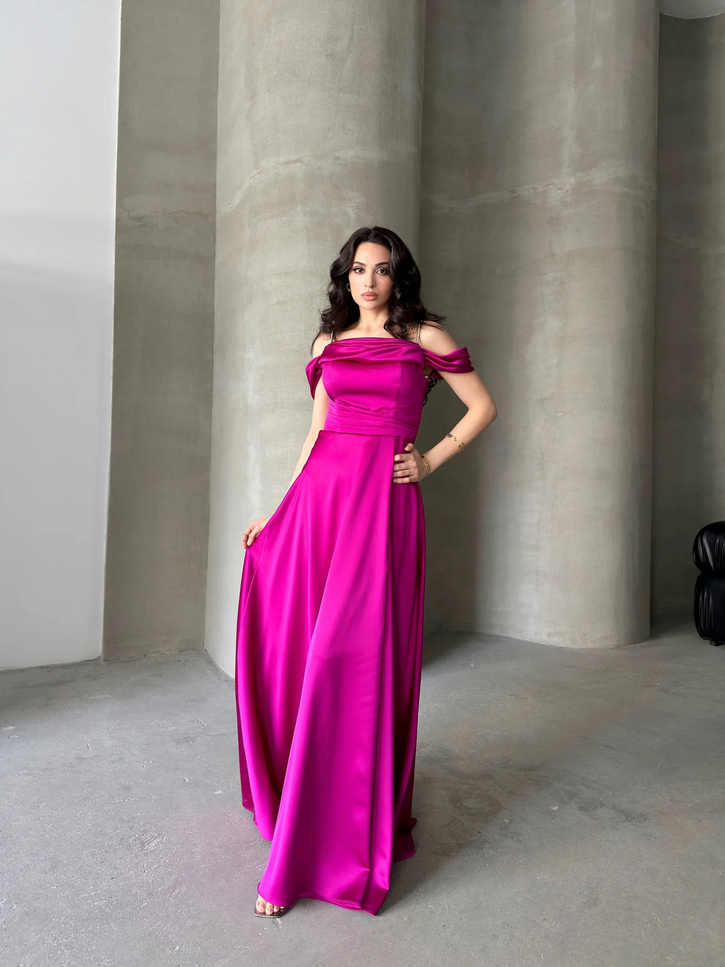 Rhinestone Strap Off-Shoulder Satin Maxi Dress - Fuchsia - Mirelline Store
