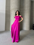 Rhinestone Strap Off-Shoulder Satin Maxi Dress - Fuchsia - Mirelline Store