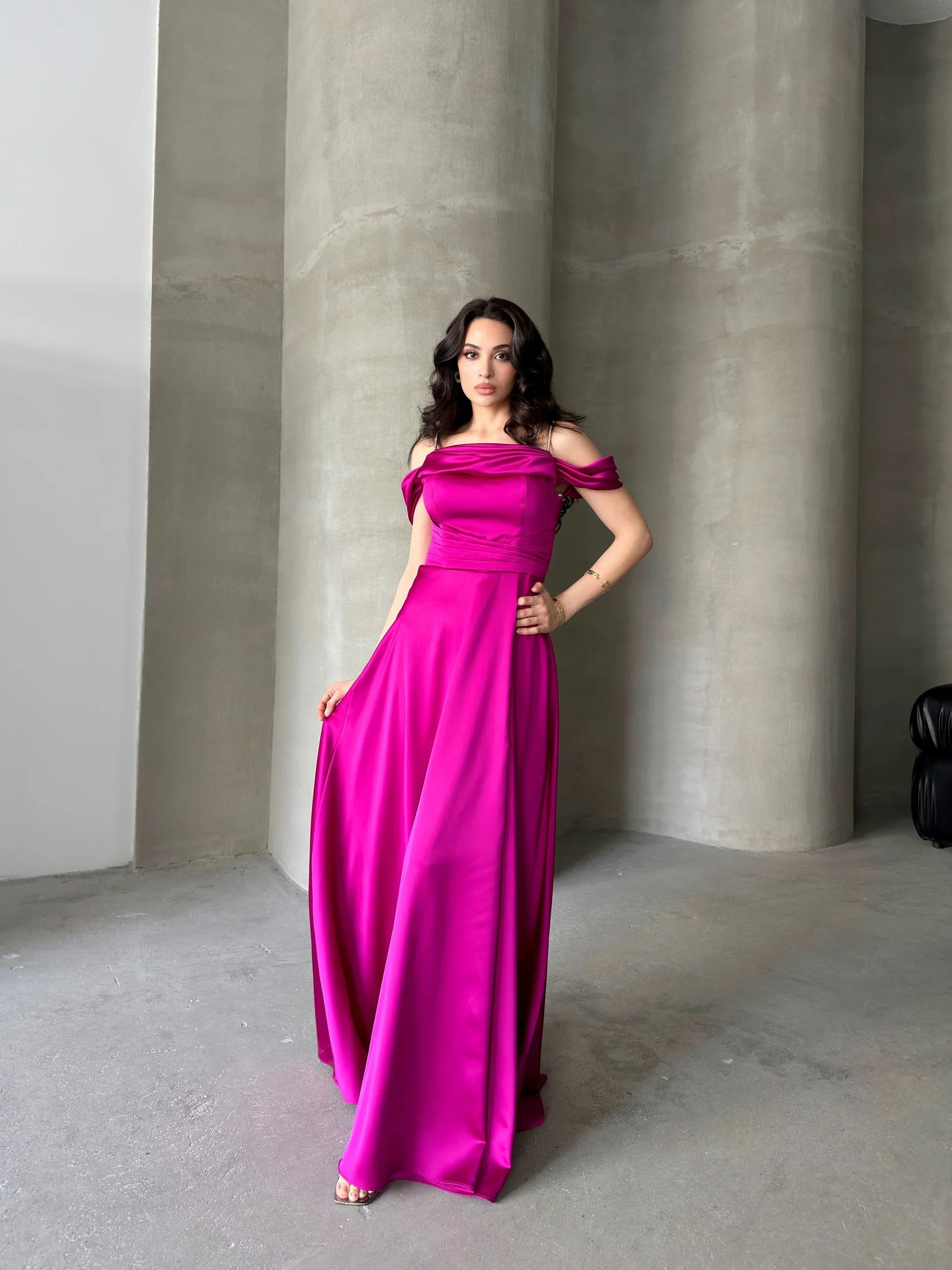 Rhinestone Strap Off-Shoulder Satin Maxi Dress - Fuchsia - Mirelline Store
