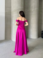 Rhinestone Strap Off-Shoulder Satin Maxi Dress - Fuchsia - Mirelline Store