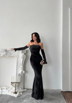 Velvet Draped Strapless Maxi Dress - Black - Mirelline Store