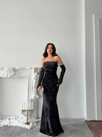 Velvet Draped Strapless Maxi Dress - Black - Mirelline Store