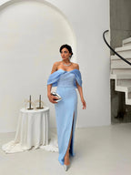 Pearl Embellished Off-Shoulder Maxi Dress - Baby Blue - Mirelline Store
