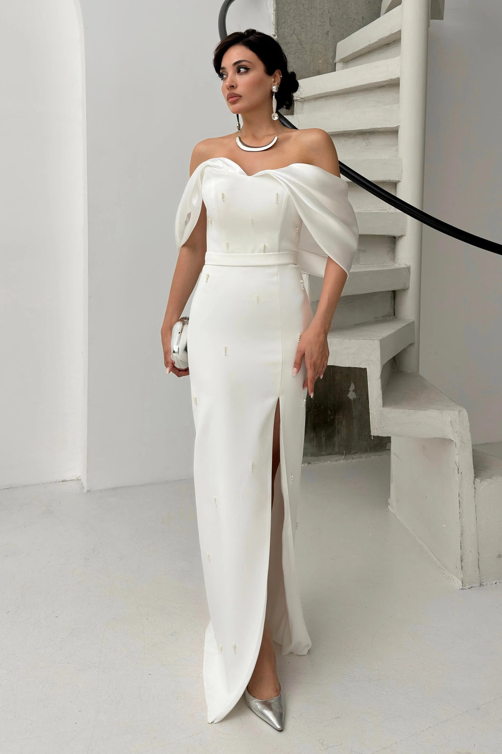 Pearl Embellished Off-Shoulder Maxi Dress - White - Mirelline Store