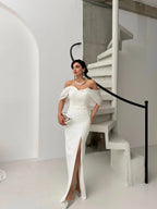 Pearl Embellished Off-Shoulder Maxi Dress - White - Mirelline Store