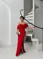 Pearl Embellished Off-Shoulder Maxi Dress - Red - Mirelline Store
