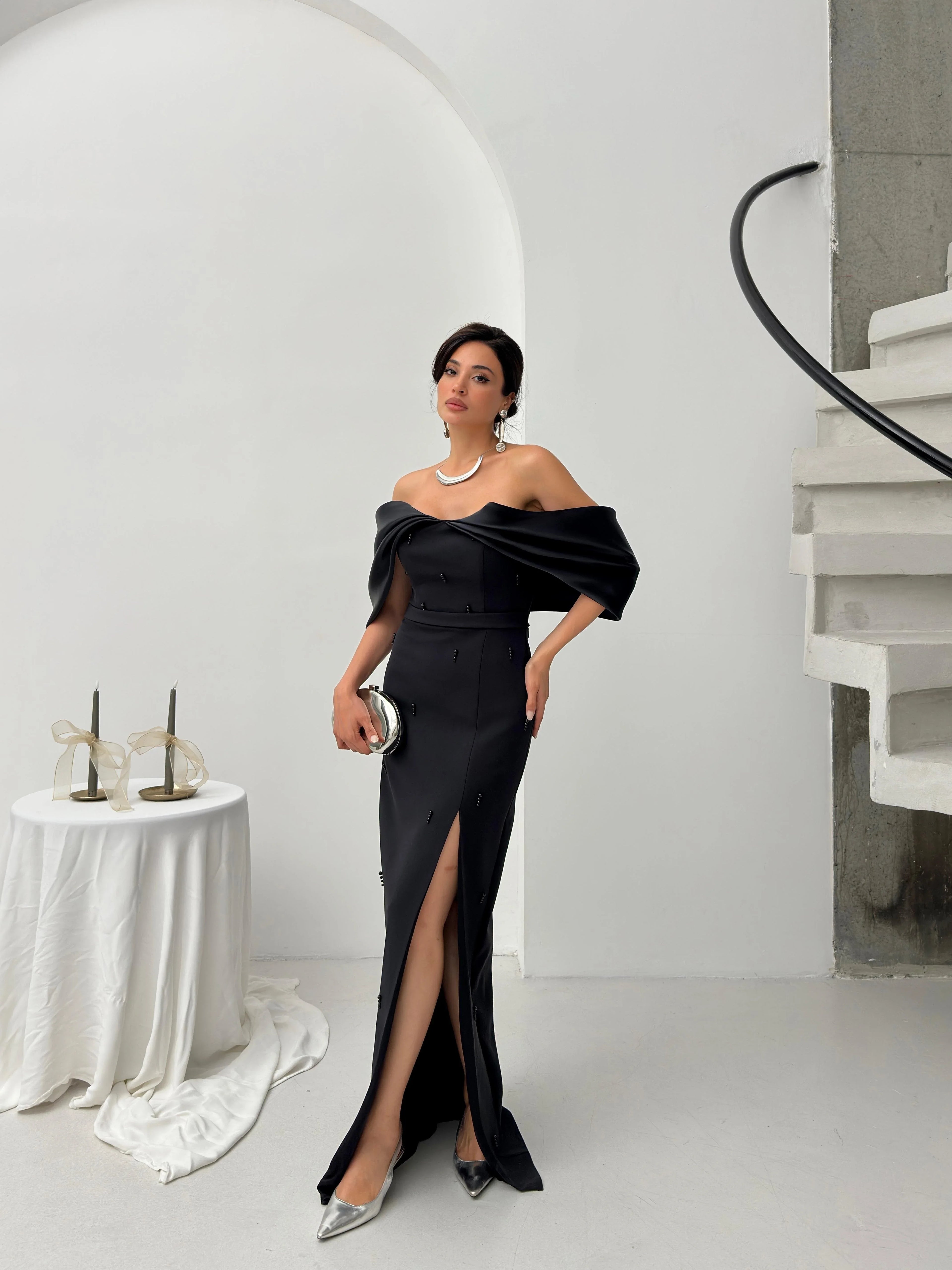 Pearl Embellished Off-Shoulder Maxi Dress - Black - Mirelline Store